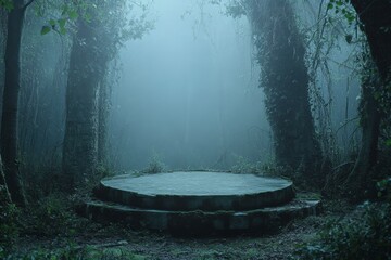 Mystical Stone Podium in a Fog-Shrouded Forest, Ivy-Covered Trees, Ethereal Atmosphere