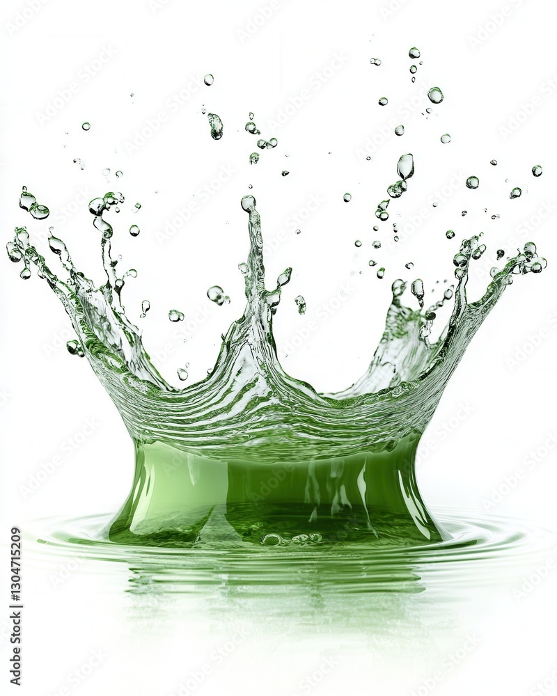 Poster dynamic splash of vibrant green liquid creating a crown shape on a reflective surface against white 