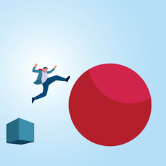 A man jumps from a cube to a big red ball. Illustration of transformation, innovation and change for the better.