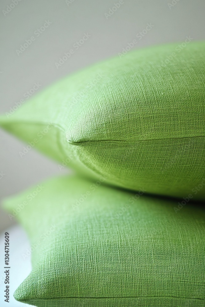 Poster stack of two green cushions with textured fabric in soft focus for interior design concepts