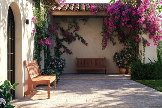 A simple yet elegant Mediterranean villa with a courtyard featuring a terracotta bench and cascading bougainvillea