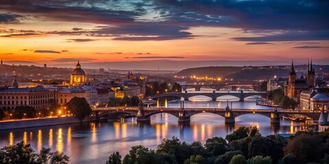 Obraz premium Prague Sunset Timelapse: Bokeh Cityscape & Vltava River Bridges