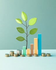 A financial growth concept with a simple, elegant bar chart and coins growing into a money tree in a clean, modern composition