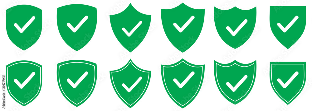 Poster shield with a checkmark. protection and security symbol. set of green shield vector icons. vector il