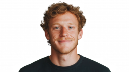 a close-up portrait of a smiling man with red curly hair, looking directly at the camera