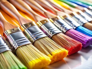 Fototapeta premium Primary Colors Paint Brushes on Wooden Background - High Depth of Field Stock Photo