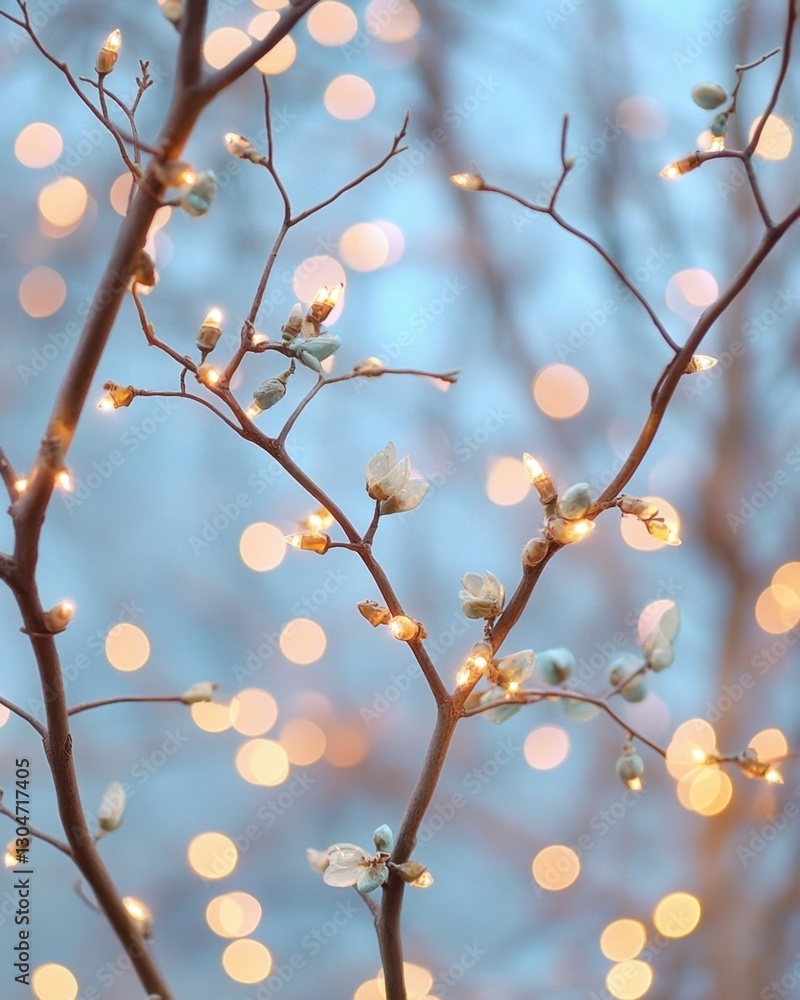 Poster delicate tree branches adorned with luminous fairy lights against a soft blue bokeh background creat