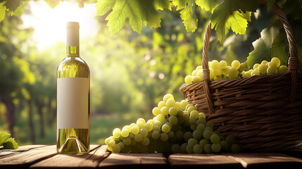 Fototapeta premium Green grapes and white wine on the grass at a picnic outdoors
