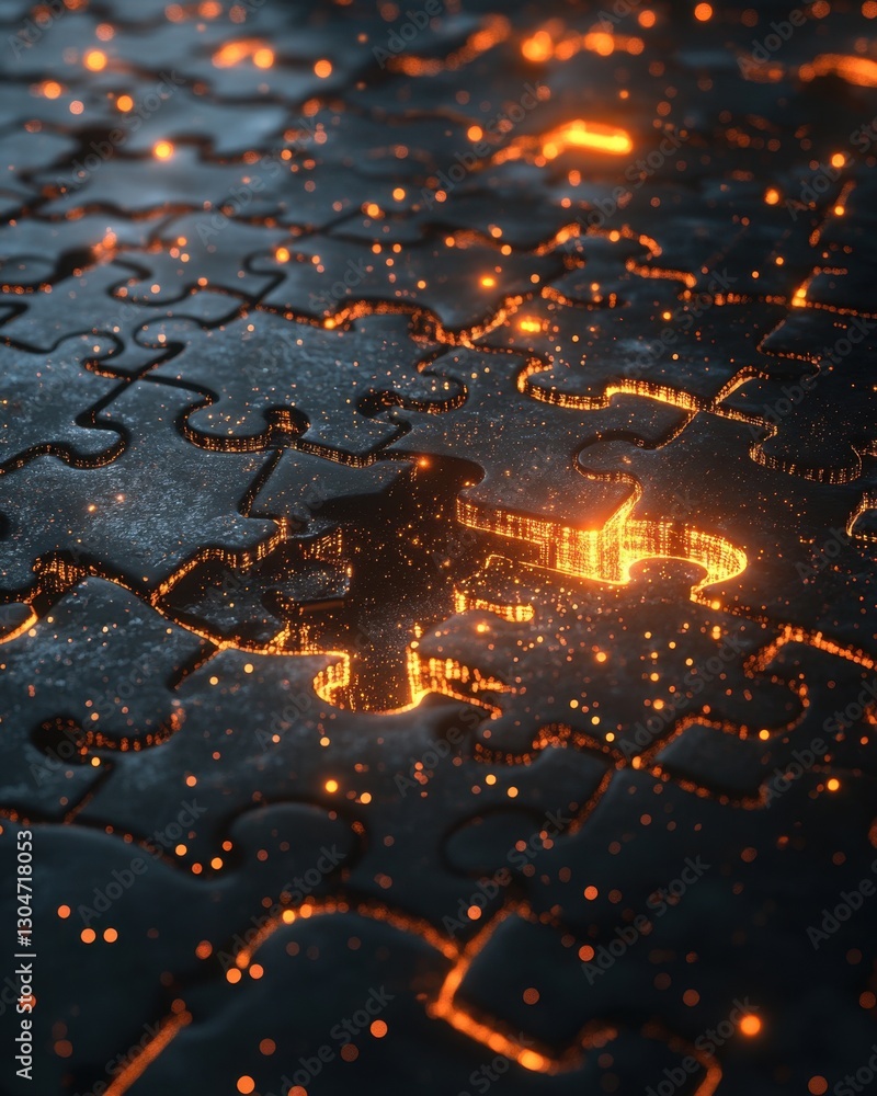 Poster abstract puzzle pieces with glowing edges and particles creating a sense of mystery and completion