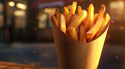 Crispy French fries served in a paper cone