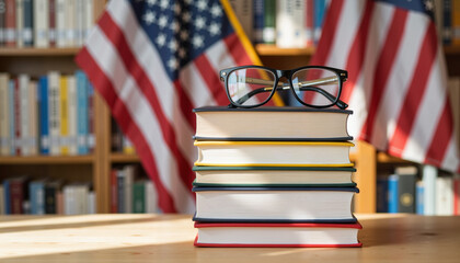 Stack of patriotic books with glasses in library, Independence Day spirit