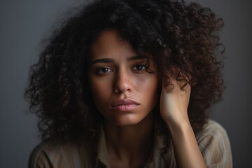 Fototapeta premium A young woman with striking curly hair gazes thoughtfully into the distance, her hand gently brushing through her hair. The soft lighting accentuates her contemplative mood in a serene atmosphere
