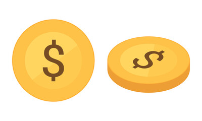 Set of flat and isometric gold Dollar coins. Vector illustration isolated on a white background