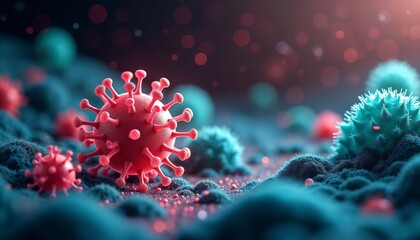 Close-up of a virus cell with protruding spikes against the background of other virus particles floating nearby. Concept of viral disease, coronavirus, pneumonia