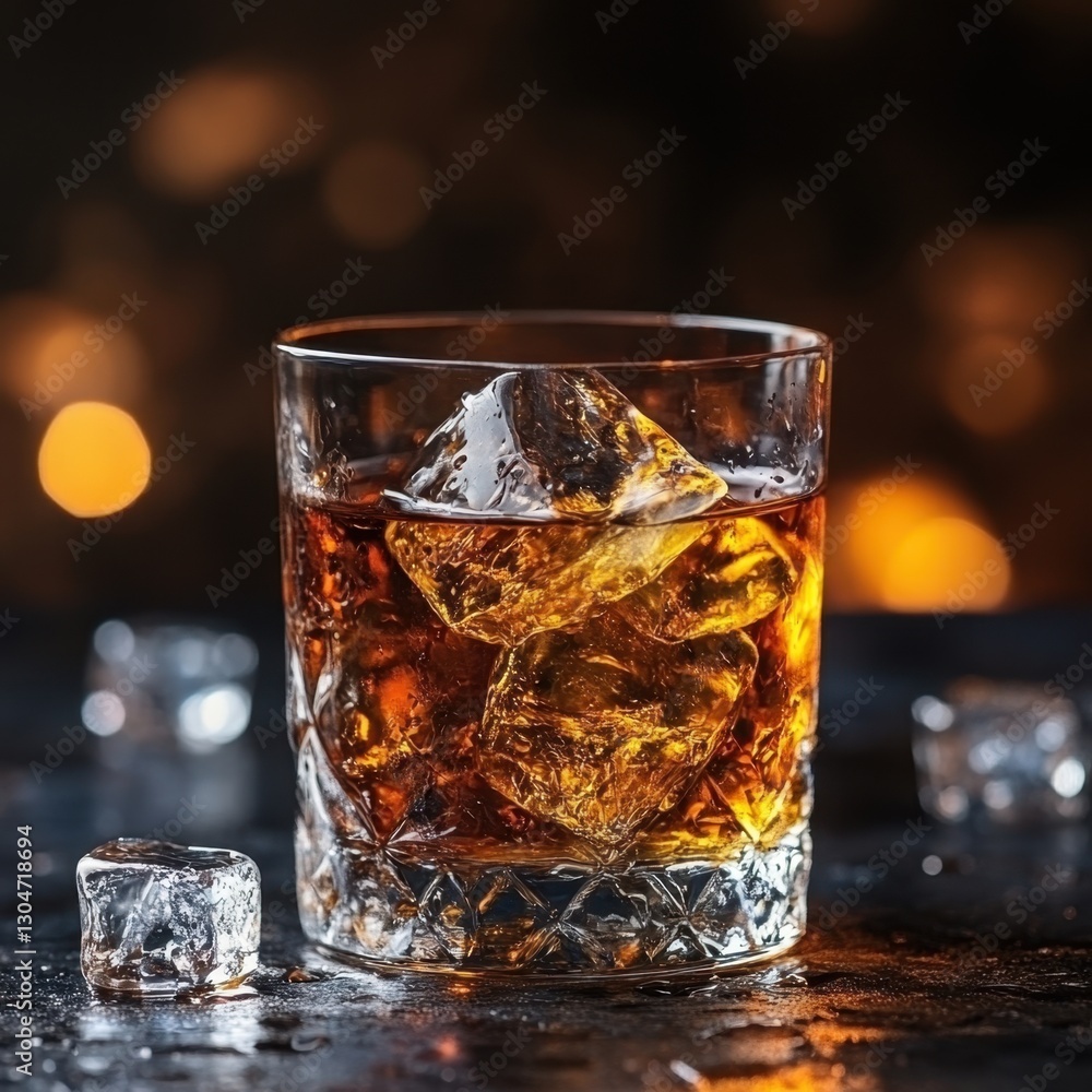 Poster whiskey glass with ice cubes on dark table with bokeh lights background in a bar setting