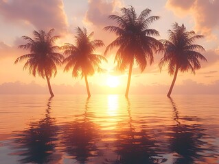 Tranquil Glowing Bay with Swaying Palm Trees at Sunset