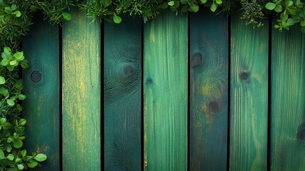 Fototapeta premium Painted wooden planks framed by greenery