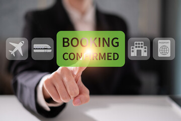 Business booking confirmation online digital service buy flight check order hotel travel concept