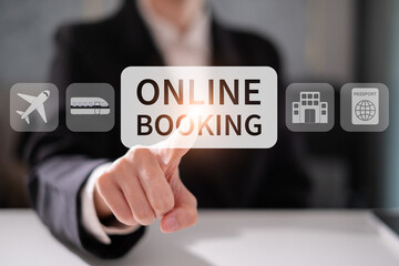 Businessman online booking laptop smartphone digital cyberspace travel technology concept