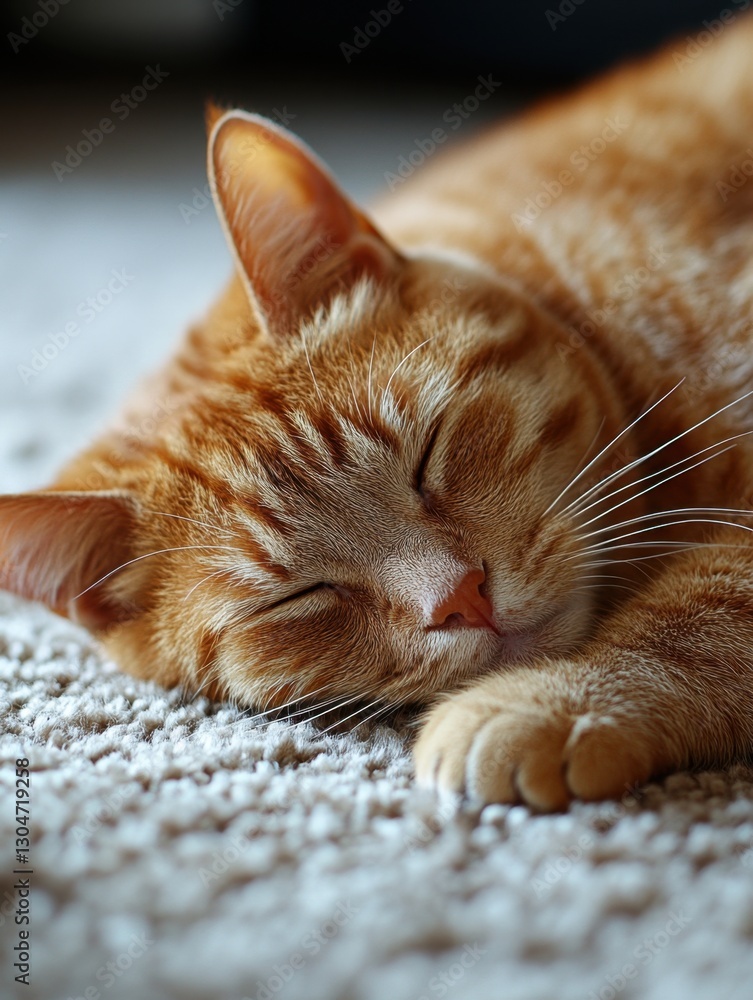 Poster close up of a peaceful ginger cat napping on a soft carpet in a cozy home setting capturing relaxati