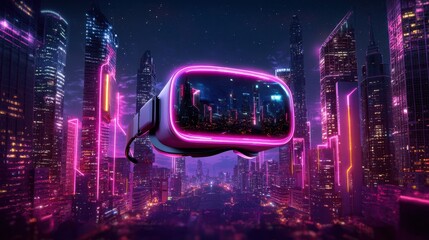 Futuristic Virtual Reality Headset with Neon Cityscape Background