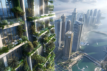 Obraz premium Futuristic city embraces sustainability with rooftop gardens and vertical greenery. This urban landscape merges modern architecture with nature, fostering greener, healthier environment