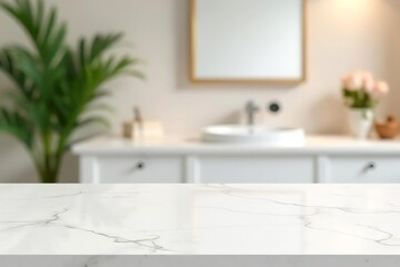 Empty marble table top on blurred minimalistic luxury bathroom at apartment, white day light, clean cozy colors. Place for product display, showing products, side view