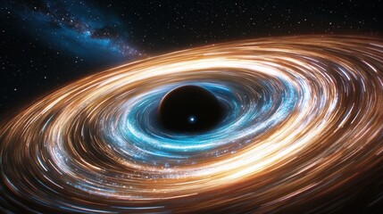 View of a Black Hole Surrounded by Spiraling Colorful Matter