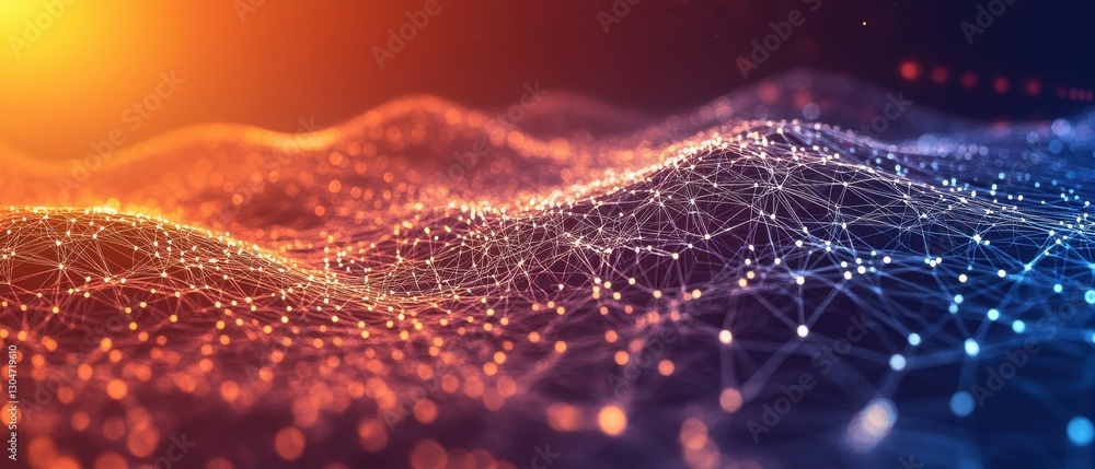 Poster abstract network connection background with glowing nodes and lines in warm and cool tones for techn