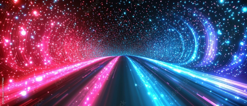 Poster abstract cosmic tunnel of glowing particles in red and blue hues creating a futuristic and dynamic b