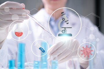 Close-up scientist drop pipette blue liquid test tube science research biology chemistry chemical...