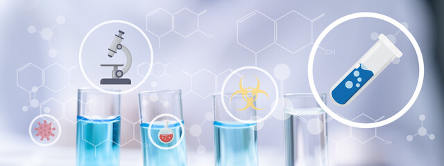 Laboratory test tube beakers with blue liquid science research chemistry chemical flask microscope virus bacteria icon
