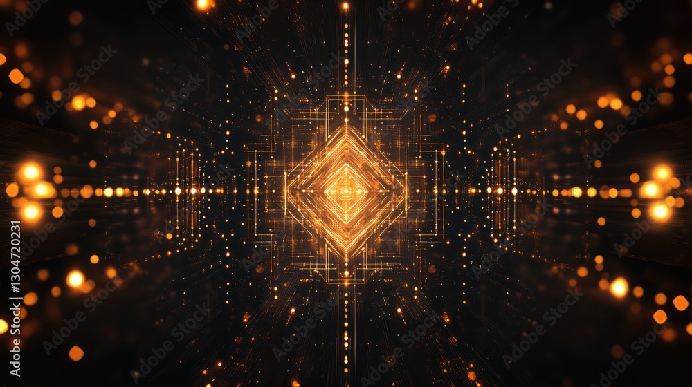 Poster intricate golden circuitry illuminates a dark expanse showcasing interconnectedness and glowing boke