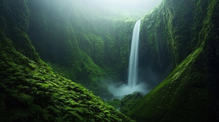 Majestic waterfall cascading through lush green vegetation in a secluded forest during early morning light