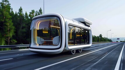 Futuristic Mobile Home on Open Road Surrounded by Lush Green Trees and Clear Blue Sky