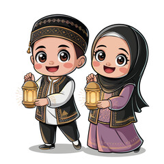 Cute Muslim Kids Holding Lanterns in Traditional Islamic Clothing – Ramadan and Eid Illustration