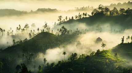 Fototapeta premium Misty sunrise over lush green hills and a small house.