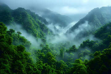 Misty Mountain Valley In Green Forest