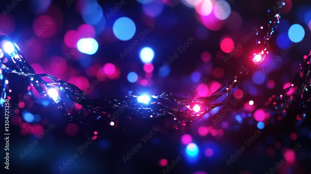 Poster illuminated fairy lights with glowing led bulbs amidst a blurry background of colorful bokeh dots cr
