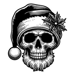 Obraz premium Skull wear Santa hat sketch engraving black and white outline. Scratch board imitation. 
