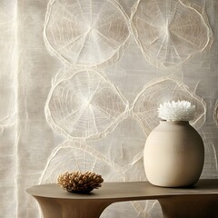 Nature's Still Life: A minimalist composition showcases organic textures and serene forms, with delicate blooms gracing a simple vase and a textured decor on a table.