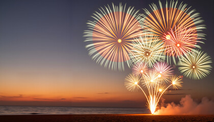 Colorful fireworks illuminate beach at sunset, celebration atmosphere