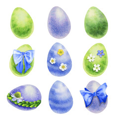 Set of colorful easter eggs, decorated with stripes, flowers and ribbons. Hand drawn watercolor isolated on white background. Perfect for easter kids design decoration, creative and decorative use