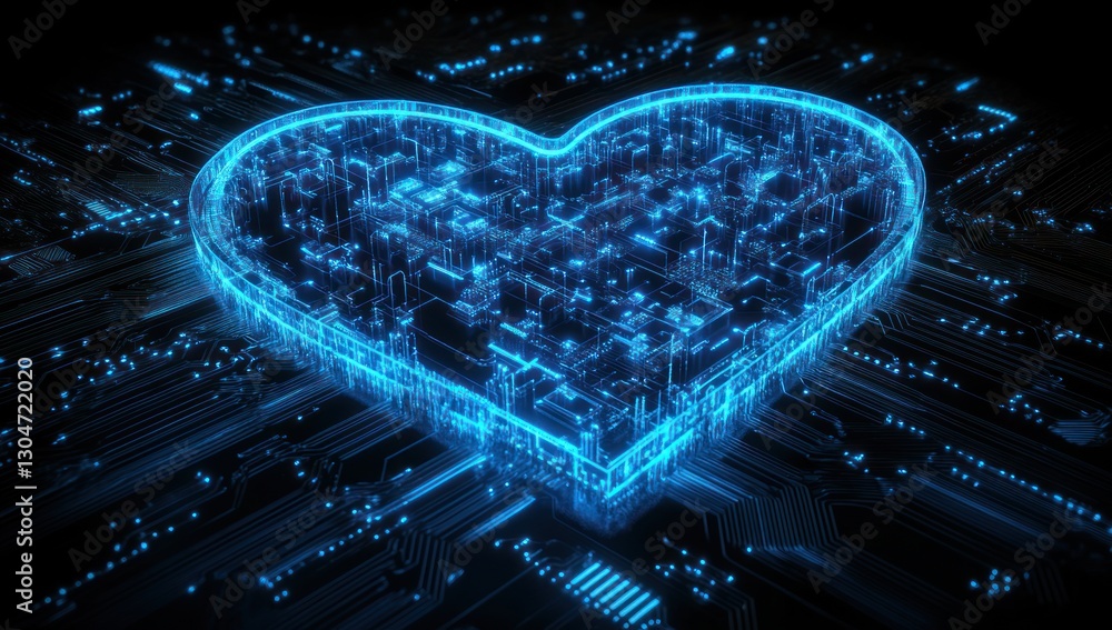 Wall mural digital heart circuitry glowing with intricate blue interconnected lines signifying connection
