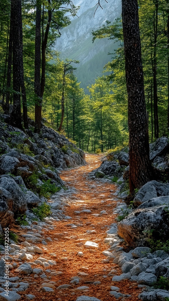 Poster tranquil forest path illuminated by sunlight amidst towering trees and majestic mountains creating a