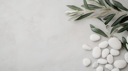 Mindfulness and meditation wellness concept: top view of spa or wellness design elements with olive branches and white pebbles on light grey background, flat lay with space for text.
