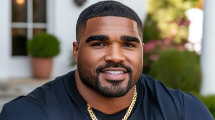 Obraz premium A man with a stylish haircut and a well-groomed beard smiles broadly while seated outside a beautiful home, surrounded by lush greenery in bright daylight