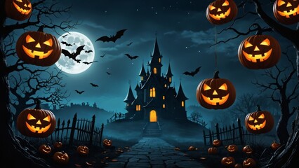Fototapeta premium Haunted castle with jack-o'-lanterns and bats under a full moon