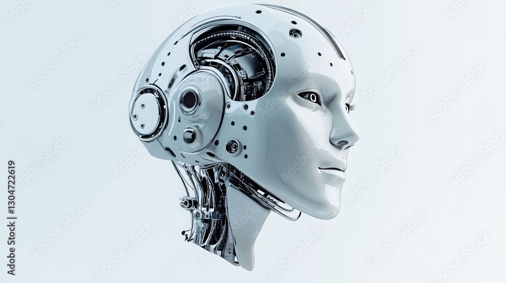Fototapete a 3d-rendered robot head, isolated on white, showcases a digital brain engine. the ai artificial int