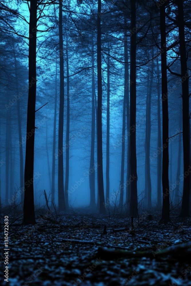 Poster ethereal forest scene with tall trees in misty blue light creating a mysterious and tranquil atmosph
